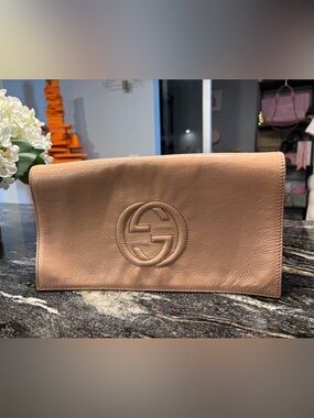 Gucci Tan Leather Pouch with Embossed GG